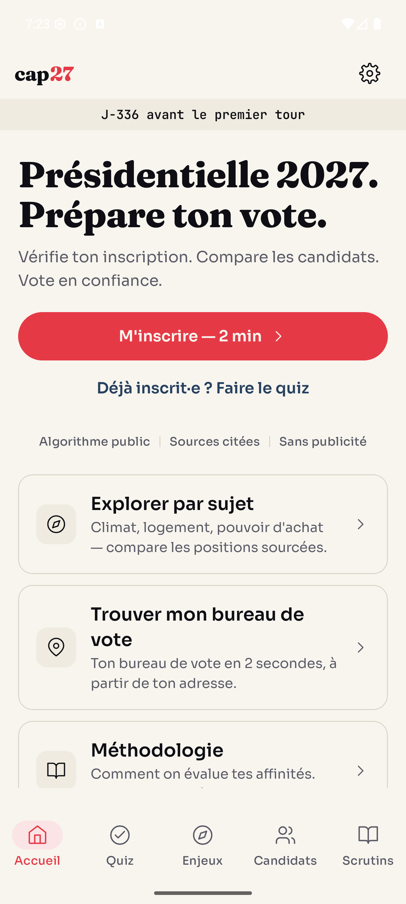 Capture Android : page d'accueil de Cap27, avec le compte à rebours J-336 et les boutons d'inscription