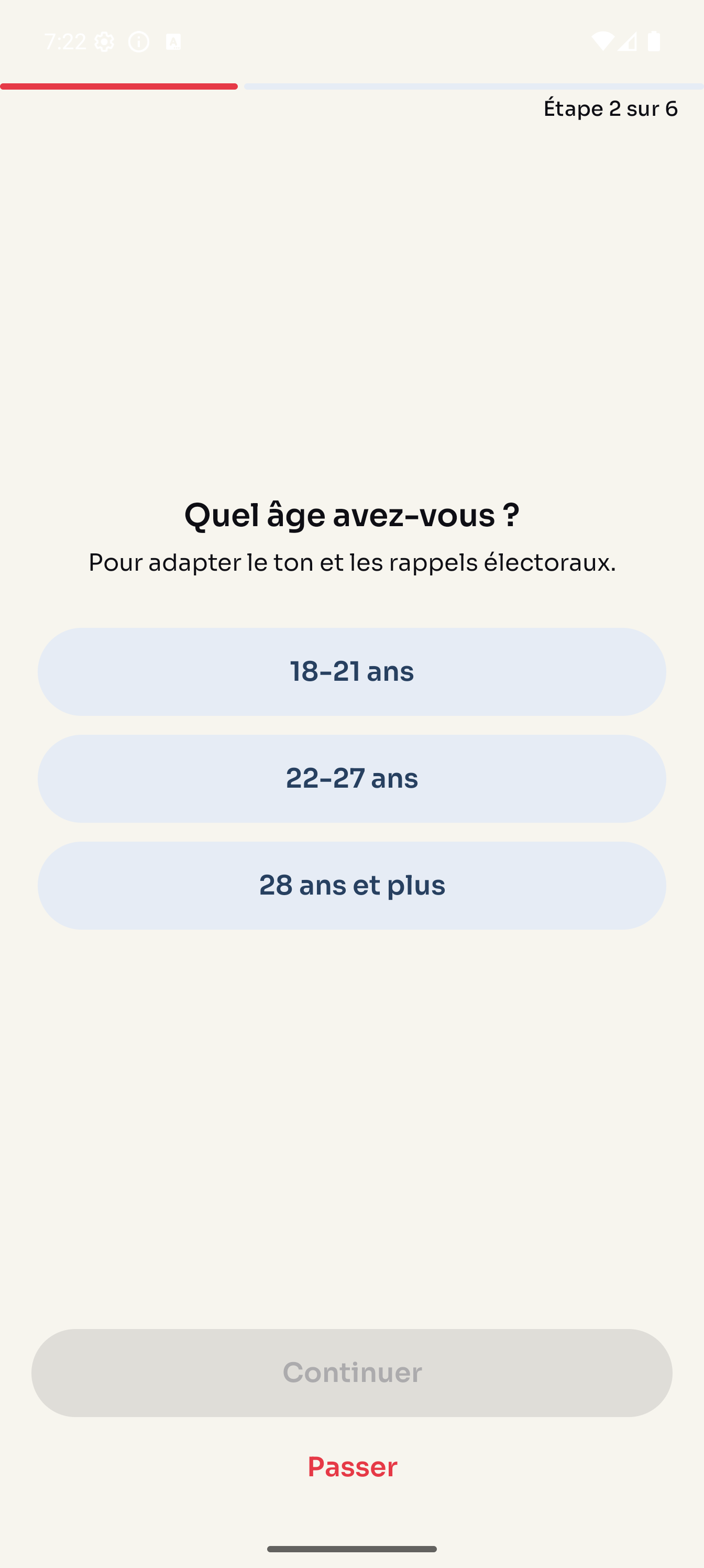 Capture Android : choix de la tranche d'âge dans l'onboarding Cap27