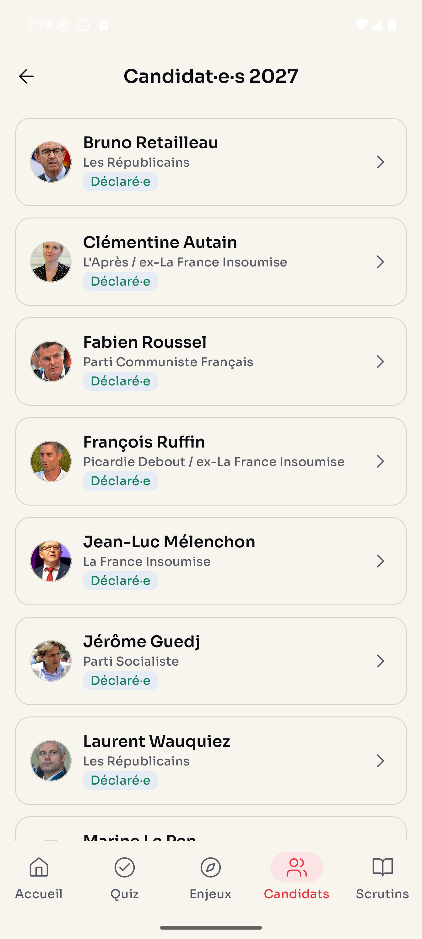 Capture Android : liste des candidat·e·s 2027 avec photos en duotone